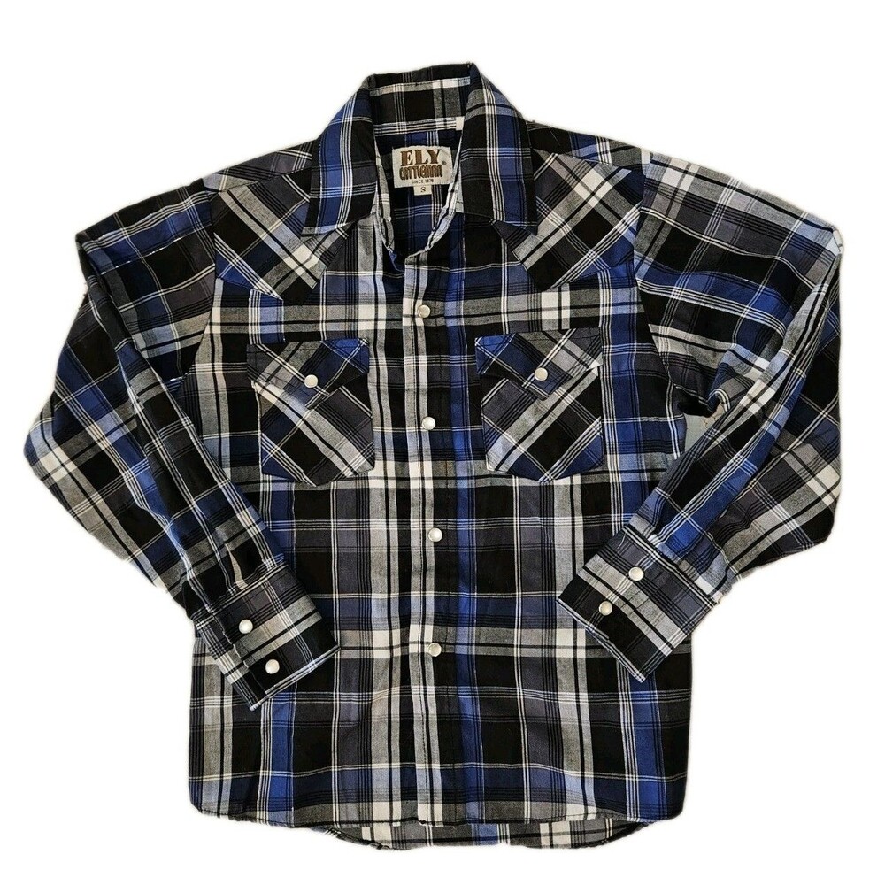 Ely Cattleman Shirt youth Boys Size Small Pearl Snap Blue Plaid Western Pockets
